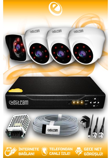 4 Kameralı Kare 3 İç Kamera Set Hdd'siz Full Hd Gece Görüşlü Güvenlik Kamerası Sistemi