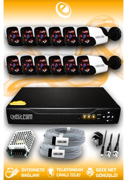 12 Kameralı Panda 12 Dış Kamera Set Hdd'siz Full Hd Gece Görüşlü Güvenlik Kamerası Sistemi