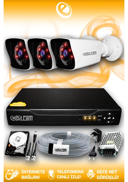 3 Kameralı Kare 3 Dış Kamera Set 1 Tb HDD Full Hd Gece Görüşlü Güvenlik Kamerası Sistemi