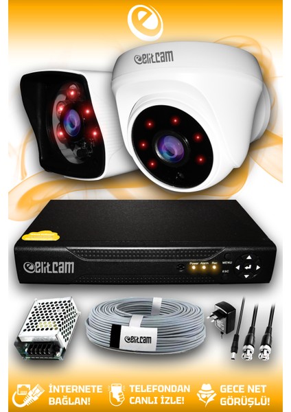 2 Kameralı Kare 1 Iç Kamera Set Hdd'siz Full Hd Gece Görüşlü Güvenlik Kamerası Sistemi