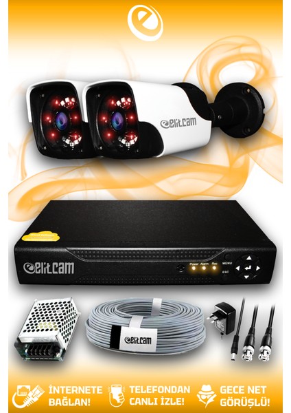 2 Kameralı Panda 2 Dış Kamera Set Hdd'siz Full Hd Gece Görüşlü Güvenlik Kamerası Sistemi