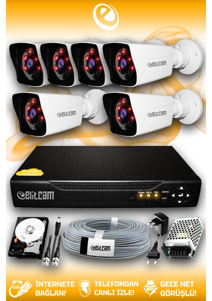 6 Kameralı Kare 6 Dış Kamera Set 1 Tb HDD Full Hd Gece Görüşlü Güvenlik Kamerası Sistemi