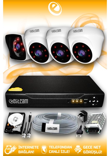 4 Kameralı Kare 3 Iç Kamera Set 1 Tb HDD Full Hd Gece Görüşlü Güvenlik Kamerası Sistemi