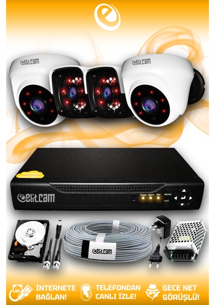 4 Kameralı Panda 2 Iç Kamera Set 250 GB HDD Full Hd Gece Görüşlü Güvenlik Kamerası Sistemi