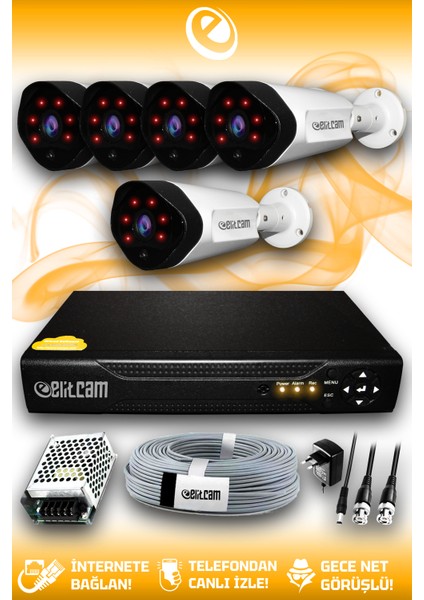 5 Kameralı Uzay 5 Dış Kamera Set Hdd'siz Full Hd Gece Görüşlü Güvenlik Kamerası Sistemi