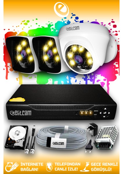 3 Kameralı Kare 1 Iç Kamera Set 2 Tb HDD Full Hd Renkli Gece Görüşlü Güvenlik Kamerası Sistemi