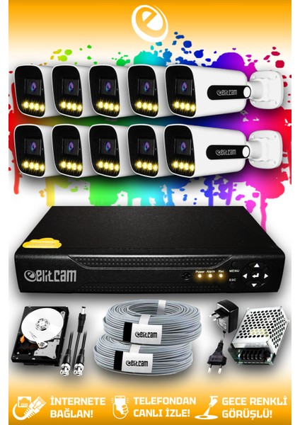 10 Kameralı Zebra 10 Dış Kamera Set 500 GB HDD Full Hd Renkli Gece Görüşlü Güvenlik Kamerası Sistemi