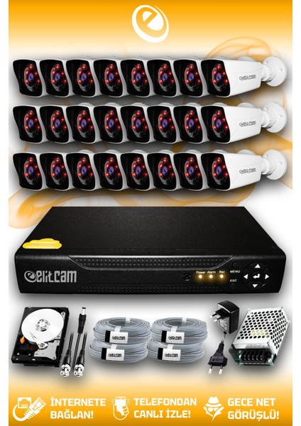 24 Kameralı Kare 24 Dış Kamera Set 2 Tb HDD Full Hd Gece Görüşlü Güvenlik Kamerası Sistemi