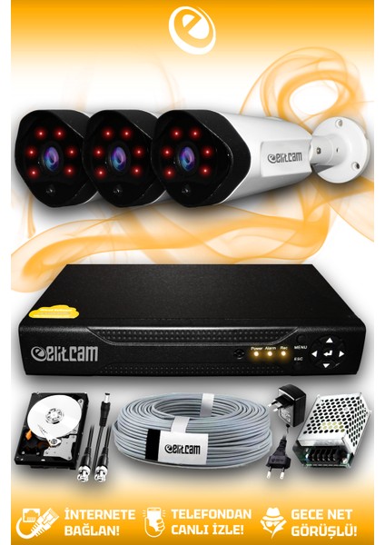 3 Kameralı Uzay 3 Dış Kamera Set 1 Tb HDD Full Hd Gece Görüşlü Güvenlik Kamerası Sistemi
