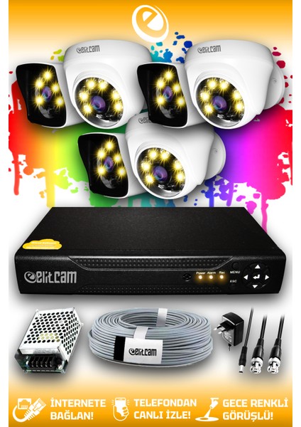 6 Kameralı Kare 3 Iç Kamera Set Hdd'siz Full Hd Renkli Gece Görüşlü Güvenlik Kamerası Sistemi