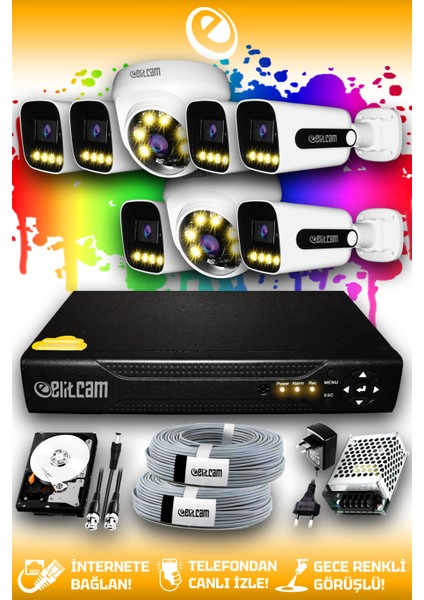 8 Kameralı Zebra 2 Iç Kamera Set 250 GB HDD Full Hd Renkli Gece Görüşlü Güvenlik Kamerası Sistemi