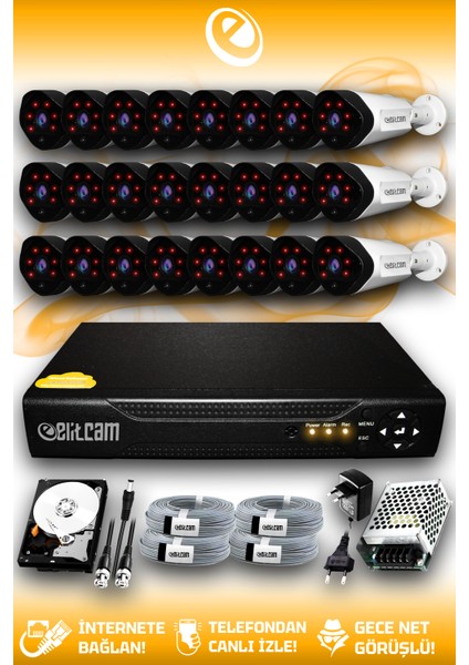 24 Kameralı Uzay 24 Dış Kamera Set 250 GB HDD Full Hd Gece Görüşlü Güvenlik Kamerası Sistemi