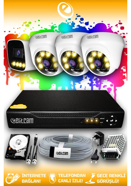 4 Kameralı Zebra 3 Iç Kamera Set 2 Tb HDD Full Hd Renkli Gece Görüşlü Güvenlik Kamerası Sistemi