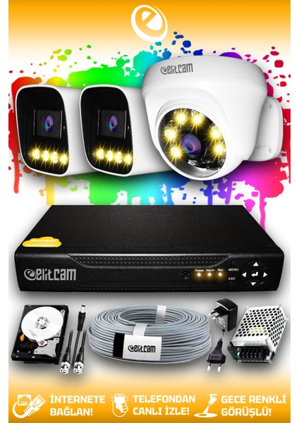 3 Kameralı Zebra 1 Iç Kamera Set 2 Tb HDD Full Hd Renkli Gece Görüşlü Güvenlik Kamerası Sistemi