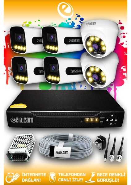 6 Kameralı Zebra 2 Iç Kamera Set Hdd'siz Full Hd Renkli Gece Görüşlü Güvenlik Kamerası Sistemi