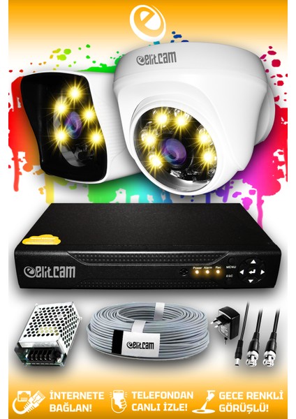 2 Kameralı Kare 1 Iç Kamera Set Hdd'siz Full Hd Renkli Gece Görüşlü Güvenlik Kamerası Sistemi