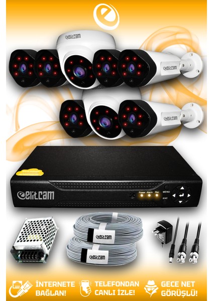 8 Kameralı Uzay 2 Iç Kamera Set Hdd'siz Full Hd Gece Görüşlü Güvenlik Kamerası Sistemi