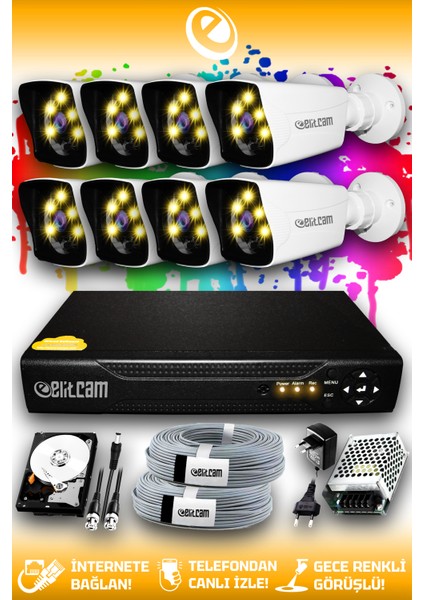 8 Kameralı Kare 8 Dış Kamera Set 2 Tb HDD Full Hd Renkli Gece Görüşlü Güvenlik Kamerası Sistemi