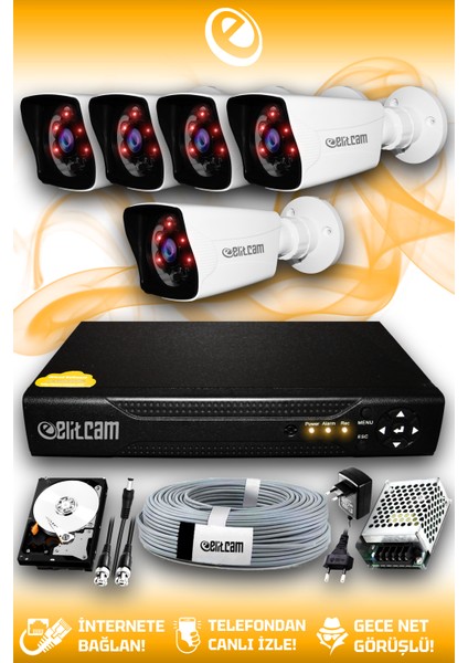 5 Kameralı Kare 5 Dış Kamera Set 2 Tb HDD Full Hd Gece Görüşlü Güvenlik Kamerası Sistemi