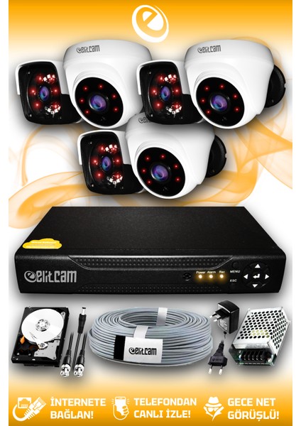 6 Kameralı Panda 3 Iç Kamera Set 100 GB HDD Full Hd Gece Görüşlü Güvenlik Kamerası Sistemi