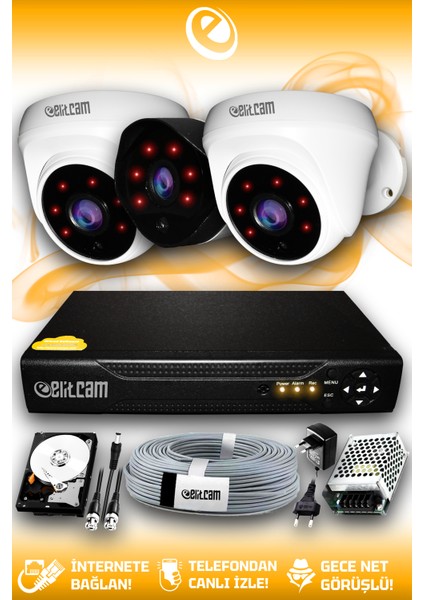 3 Kameralı Uzay 2 Iç Kamera Set 2 Tb HDD Full Hd Gece Görüşlü Güvenlik Kamerası Sistemi