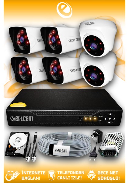 6 Kameralı Kare 2 Iç Kamera Set 250 GB HDD Full Hd Gece Görüşlü Güvenlik Kamerası Sistemi