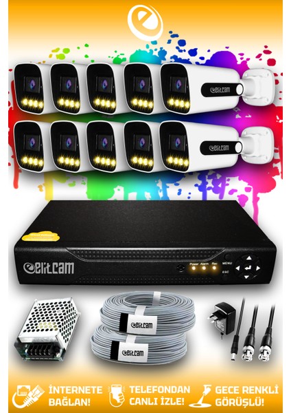 10 Kameralı Zebra 10 Dış Kamera Set Hdd'siz Full Hd Renkli Gece Görüşlü Güvenlik Kamerası Sistemi