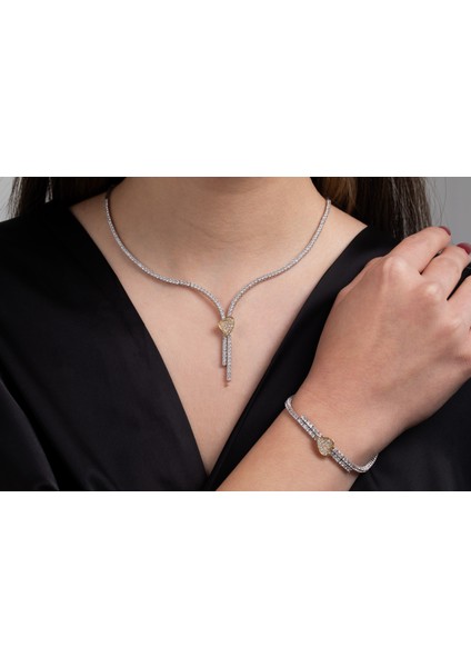 14 Ayar Beyaz Altın Kalp Detaylı Set