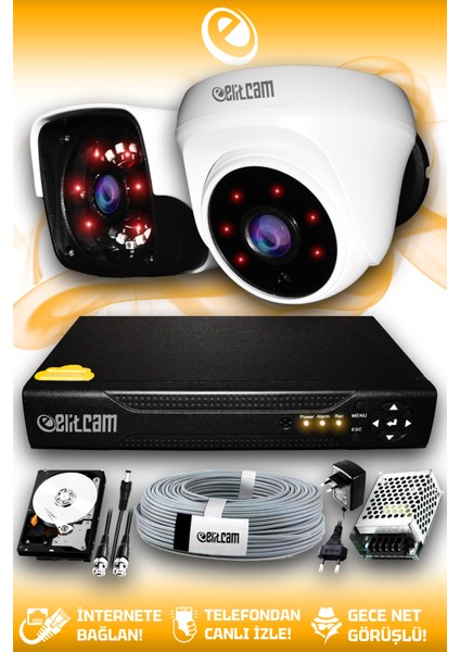 2 Kameralı Panda 1 Iç Kamera Set 100 GB HDD Full Hd Gece Görüşlü Güvenlik Kamerası Sistemi
