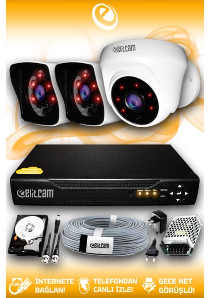 3 Kameralı Kare 1 Iç Kamera Set 100 GB HDD Full Hd Gece Görüşlü Güvenlik Kamerası Sistemi