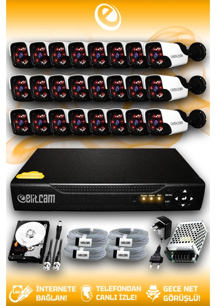 24 Kameralı Panda 24 Dış Kamera Set 100 GB HDD Full Hd Gece Görüşlü Güvenlik Kamerası Sistemi