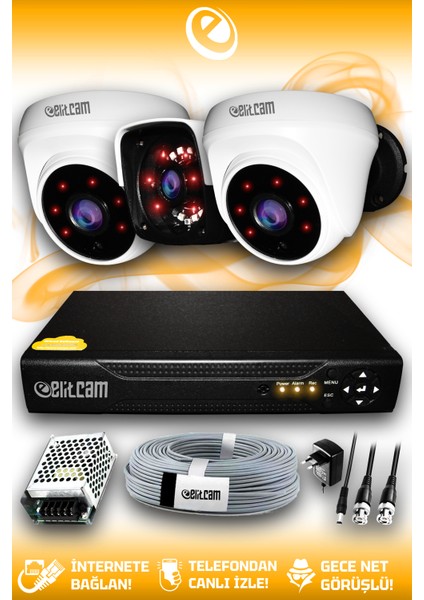 3 Kameralı Panda 2 Iç Kamera Set Hdd'siz Full Hd Gece Görüşlü Güvenlik Kamerası Sistemi