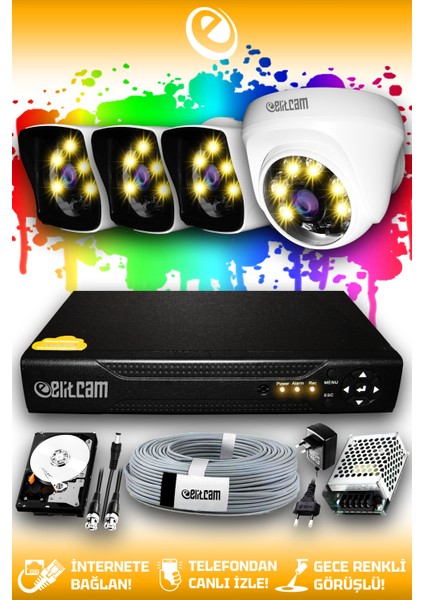 4 Kameralı Kare 1 Iç Kamera Set 250 GB HDD Full Hd Renkli Gece Görüşlü Güvenlik Kamerası Sistemi