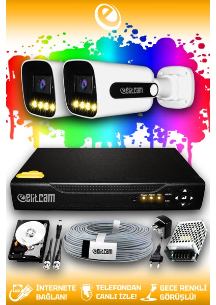 2 Kameralı Zebra 2 Dış Kamera Set 1 Tb HDD Full Hd Renkli Gece Görüşlü Güvenlik Kamerası Sistemi