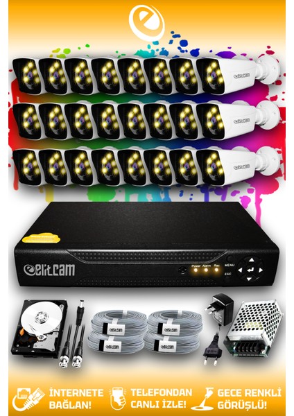 24 Kameralı Kare 24 Dış Kamera Set 100 GB HDD Full Hd Renkli Gece Görüşlü Güvenlik Kamerası Sistemi