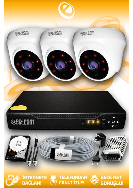 3 Kameralı Dome 3 Iç Kamera Set 500 GB HDD Full Hd Gece Görüşlü Güvenlik Kamerası Sistemi