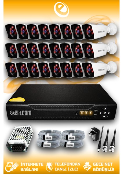 24 Kameralı Kare 24 Dış Kamera Set Hdd'siz Full Hd Gece Görüşlü Güvenlik Kamerası Sistemi