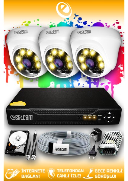 3 Kameralı Dome 3 Iç Kamera Set 100 GB HDD Full Hd Renkli Gece Görüşlü Güvenlik Kamerası Sistemi