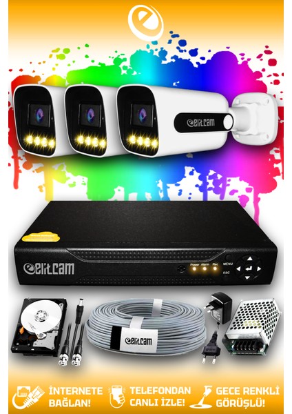3 Kameralı Zebra 3 Dış Kamera Set 500 GB HDD Full Hd Renkli Gece Görüşlü Güvenlik Kamerası Sistemi