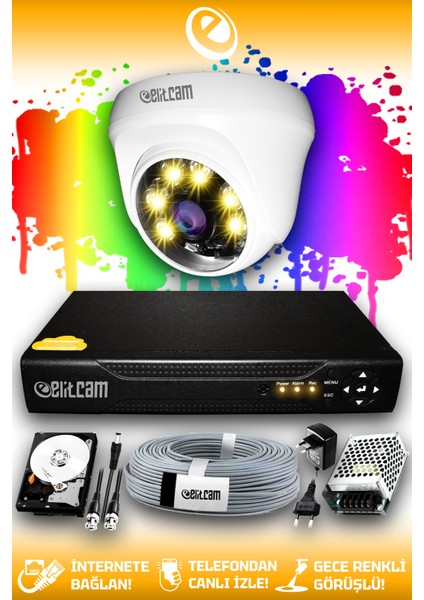 1 Kameralı Dome 1 Iç Kamera Set 100 GB HDD Full Hd Renkli Gece Görüşlü Güvenlik Kamerası Sistemi