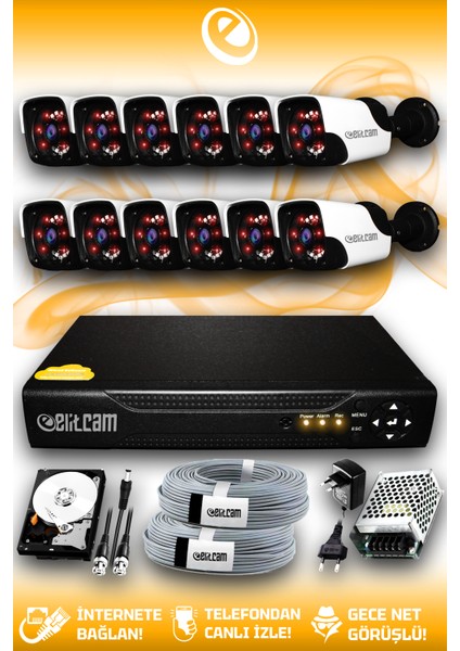 12 Kameralı Panda 12 Dış Kamera Set 250 GB HDD Full Hd Gece Görüşlü Güvenlik Kamerası Sistemi