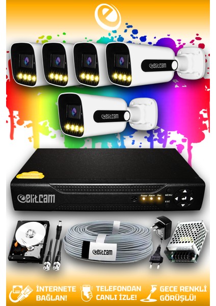 5 Kameralı Zebra 5 Dış Kamera Set 2 Tb HDD Full Hd Renkli Gece Görüşlü Güvenlik Kamerası Sistemi