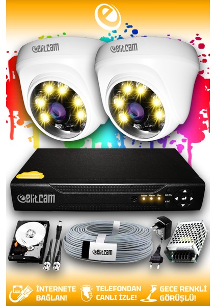 2 Kameralı Dome 2 Iç Kamera Set 100 GB HDD Full Hd Renkli Gece Görüşlü Güvenlik Kamerası Sistemi