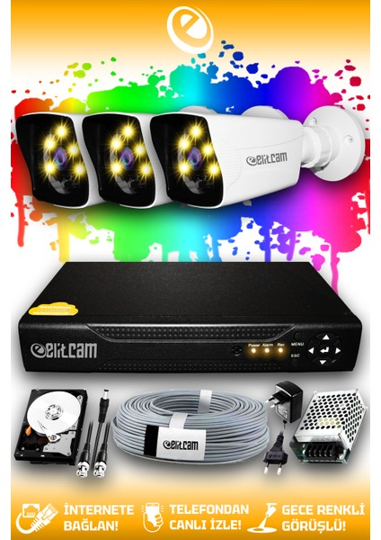 3 Kameralı Kare 3 Dış Kamera Set 2 Tb HDD Full Hd Renkli Gece Görüşlü Güvenlik Kamerası Sistemi