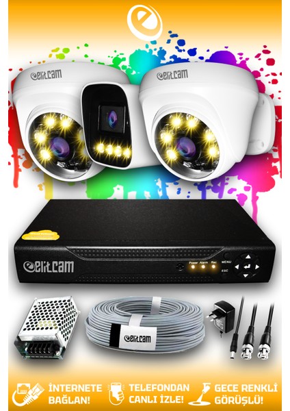 3 Kameralı Zebra 2 Iç Kamera Set Hdd'siz Full Hd Renkli Gece Görüşlü Güvenlik Kamerası Sistemi