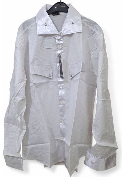 S Beden Slim Fit Saten Parlak Yaka-Manşet Detaylı Sahne Kostümü, Düğün,damat, Sağdıç Slim Fit Tek Renk Sade Desensiz Erkek Gömleği