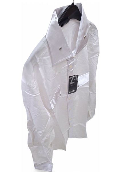 S Beden Slim Fit Saten Parlak Yaka-Manşet Detaylı Sahne Kostümü, Düğün,damat, Sağdıç Slim Fit Tek Renk Sade Desensiz Erkek Gömleği