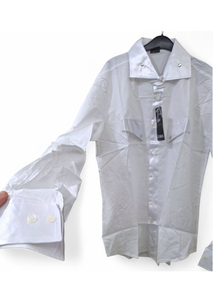 S Beden Slim Fit Saten Parlak Yaka-Manşet Detaylı Sahne Kostümü, Düğün,damat, Sağdıç Slim Fit Tek Renk Sade Desensiz Erkek Gömleği