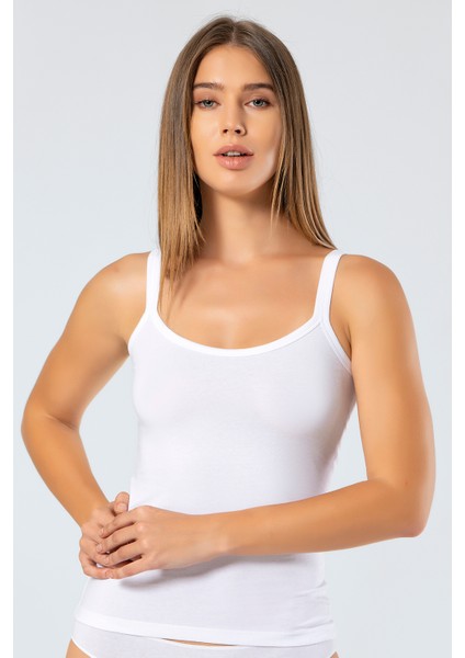 914 Kadın Likralı Pamuklu Askılı Atlet-Beyaz