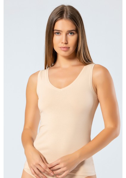 913 Kadın Likralı Pamuklu V Yaka Atlet-Ten